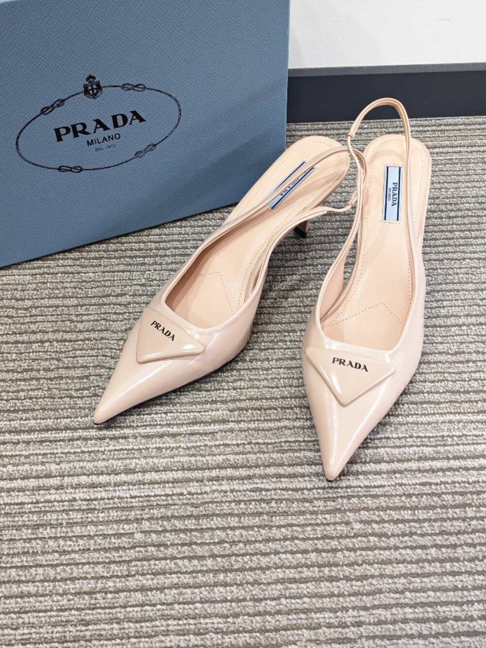 Prada Nude Patent Triangle Logo Slingback Heels